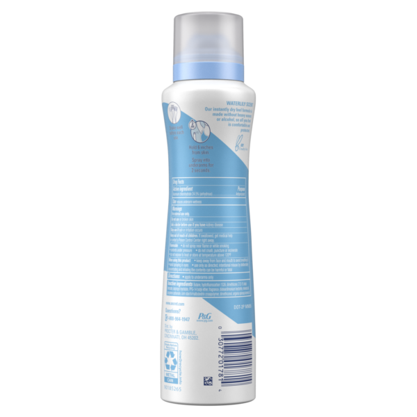 Secret Dry Spray Antiperspirant Deodorant Waterlily and Argan Oil back label